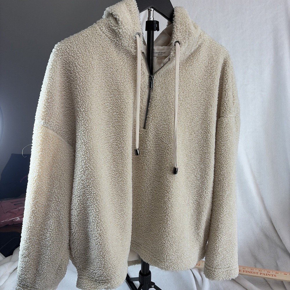 Cable And Gauge Sherpa Fleece Hoodie Large Beige 1/4 Zip Lined Soft‎ Y2K Casual
